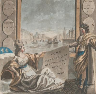 Page with two figures holding a scroll in front of a scene of the Seine River in Paris