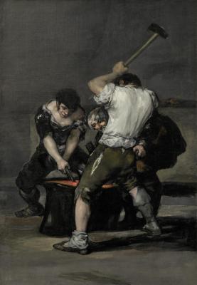 Oil painting of three men working at an iron forge.