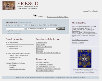 Screenshot of home search page of FRESCO, the Frick Art Reference Library's online catalogue