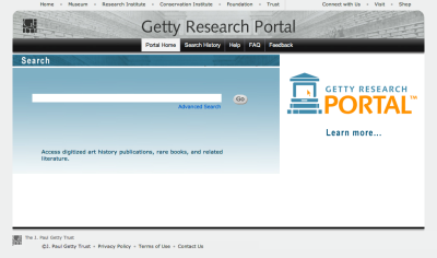 Screenshot of home search page of the Getty Research Portal