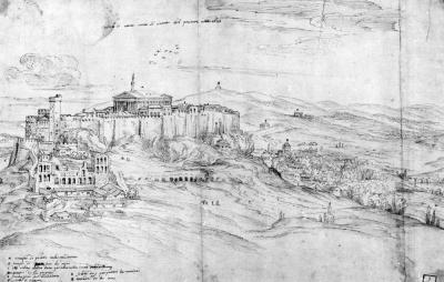 Drawing of a cityscape with fortifications and a temple on a hill at right.