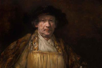 oil painting of older man in hat and yellow smock