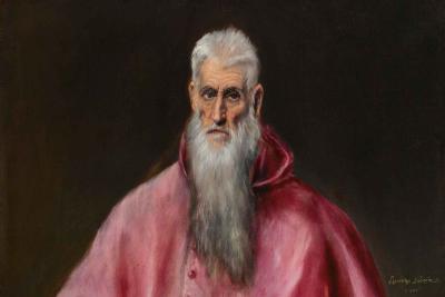 oil painting of man with white beard in pink red cloak