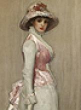 close up of painting of woman standing wearing white and pink dress, with pink hat