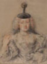 black, red, and white chalk drawing of woman with dark headpiece