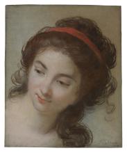 Woman with brown hair wearing red headband looking downward