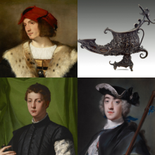 Collage image of three male portraits and a bronze oil lamp