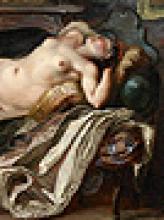 closeup of painting of nude woman model in repose amongst draped clothing