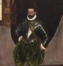 oil painting of standing man in armor with green pants and helmet on floor, arms akimbo