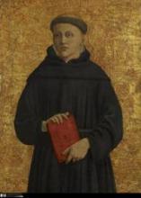 painting of friar in robe, holding red book