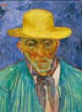 painting of bearded man with yellow hat wearing bright green jacket