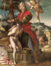 painting of man being interrupted by angel before sacrificing young male nude