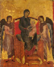 painting of the Virgin and child Jesus seated between two angels 
