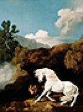 painting of white horse frightened by a lion