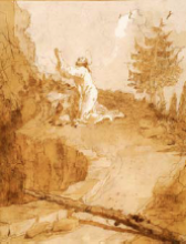 pen and wash drawing of Jesus praying in a garden with a mountain and fallen tree