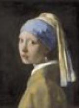 Painting of a woman looking over her shoulder wearing a headdress and a large pearl earring.