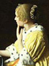 close up of painting of woman seated in yellow dress