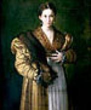 painting of standing woman dressed in a gold satin dress draped with marten fur