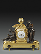 mantel clock in gilt bronze, flanked by with figures bronze figures with books representing Study and Philosophy