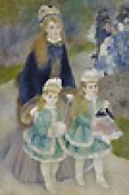 painting of a woman with two small girls in matching blue fur trimmed coats walking in a garden
