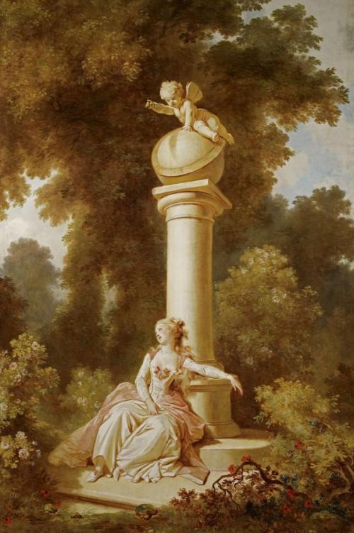 Oil painting of a seated woman in a landscape in a pink-and-white dress leaning languidly against a column topped with a globe and cupid