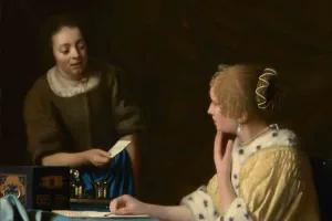 A seated noble woman in yellow coat looking at her maid holding a letter