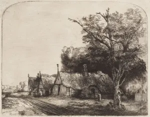 etching of cottages with tree in the foreground.
