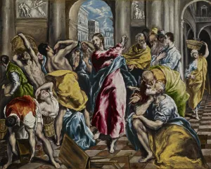 Oil painting of Jesus Christ banishing people from a temple.