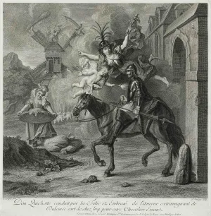 Don Quixote on a horse with allegorical figure, maid, and windmill in background
