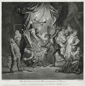 Engraving of Don Quixote Mistaking Puppets for Moors becase he Believes He Is Rescuing Two Runaway Lovers