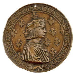 Bronze portrait medal of King Louis XII of France wearing his crown over a cap and the collar of the Order of St. Michael
