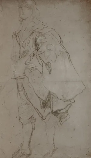 black chalk drawing of man standing with lace collar, holding cloak over arm