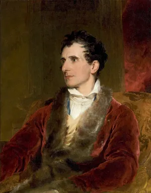 oii painting of man seated in slight profile, wearing red satin, fur-trimmed overcoat