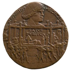 Bronze medal of the head of a man in profile to the right above a raised octagonal platform with a number of nude men with clubs in front of the platform