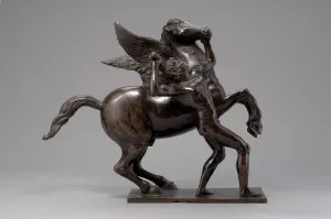 Bronze statuette depicting a man taming the winged horse Pegasus. The mythical animal is rearing on its hind legs, and the man is holding its jaw in one hand. In the other hand, the man holds a club, which he is about to use to strike the winged horse.
