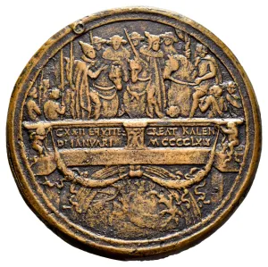 Reverse of a bronze medal depicting a group of men on horseback.