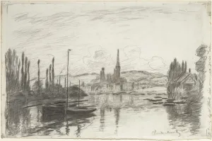 Black chalk drawing of landscape with boats, water, and buildings