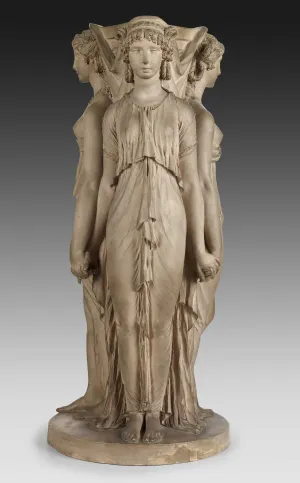 Alternate view of a terracotta statuette of standing females linking hands around a central column
