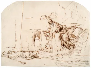 Rembrandt's ink drawing on paper depicting biblical scene in which the Lord, carried by two cherubim, descends to earth and Abraham has fallen to the floor, overcome by this
