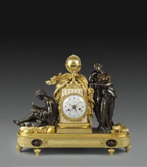 mantle clock in gilt bronze, flanked by with figures bronze figures with books representing Study and Philosophy