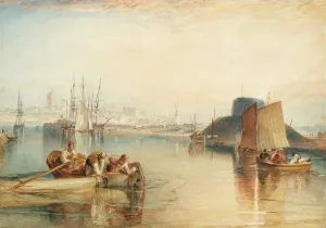 watercolor of harbor scene with men fixing mast in water from small boat in foregrround
