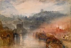 watercolor scene of docked boats at river at night with city on hill in background