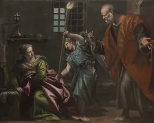 oil painting depicting seated woman in prison being visited by an angel and man holding keys