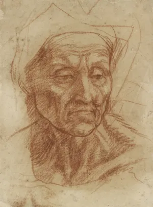 Drawing of the face and neck of an old woman