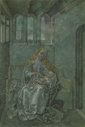 Drawing in blue and gold of the Virgin Mary holding babyJesus.