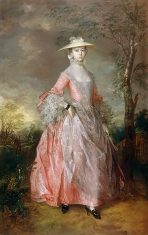 woman standing in pink and white dress amongst outdoor scene