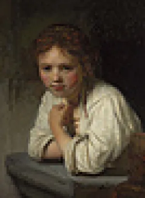 painting of a young girl leaning forward on a window