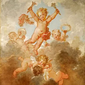 oil painting of five children with wings frolicking in the sky