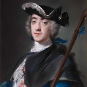 Pastel of a man in half portrait with a black hat on his head and holding a staff in his left hand