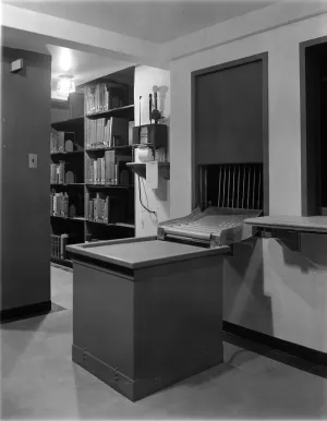library stacks with conveyor belt, circa 1935
